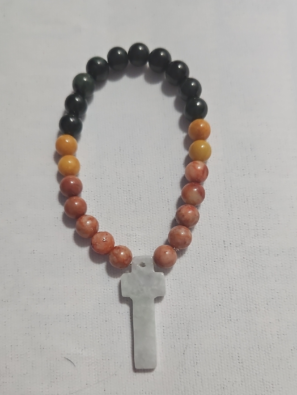 Earthy Red, Yellow, & Black Jade Stone Bead Bracelet with Cross Pendant
